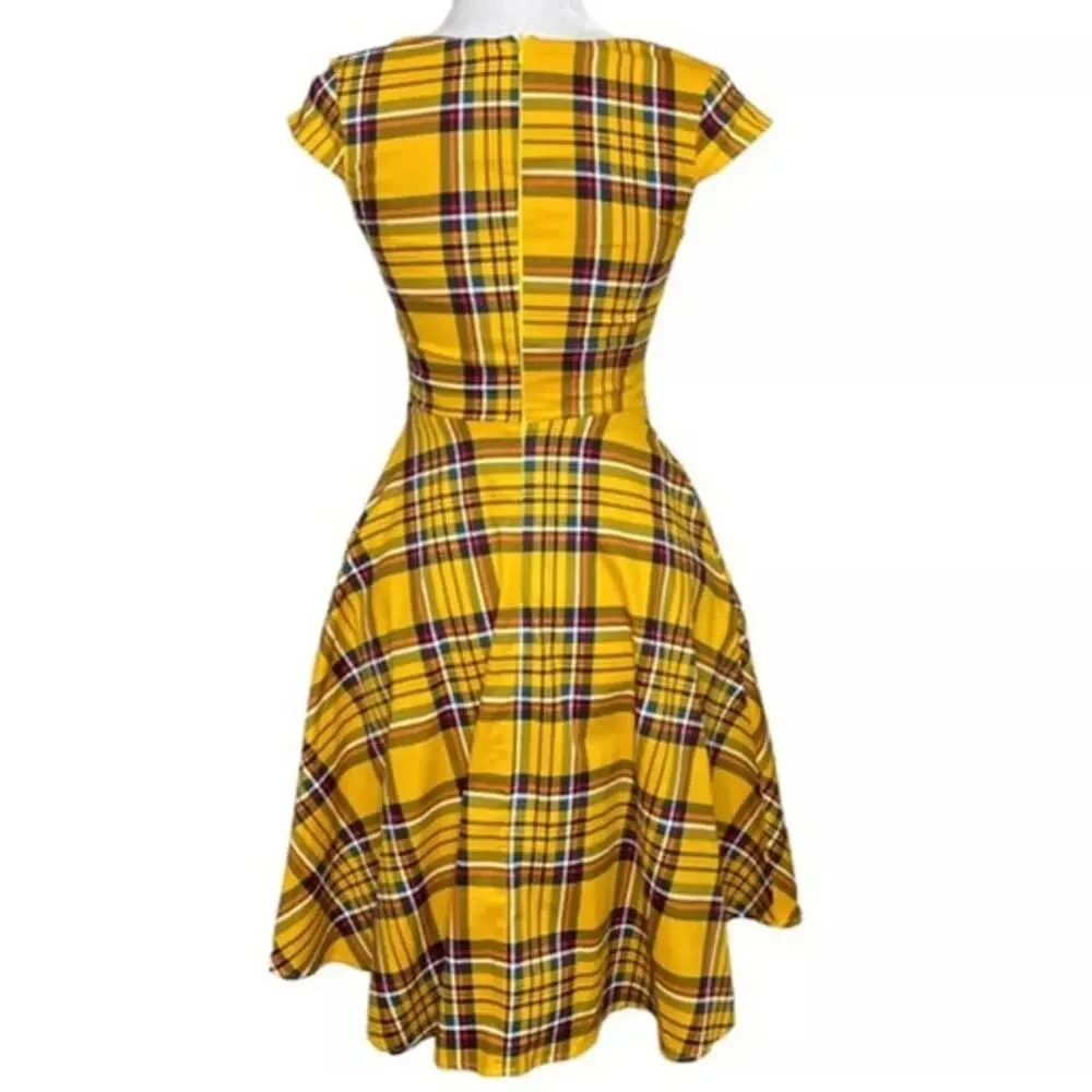 Hanpceirs Cap Sleeve 1950s Retro Vintage Style swing Gold Plaid Dress size XS